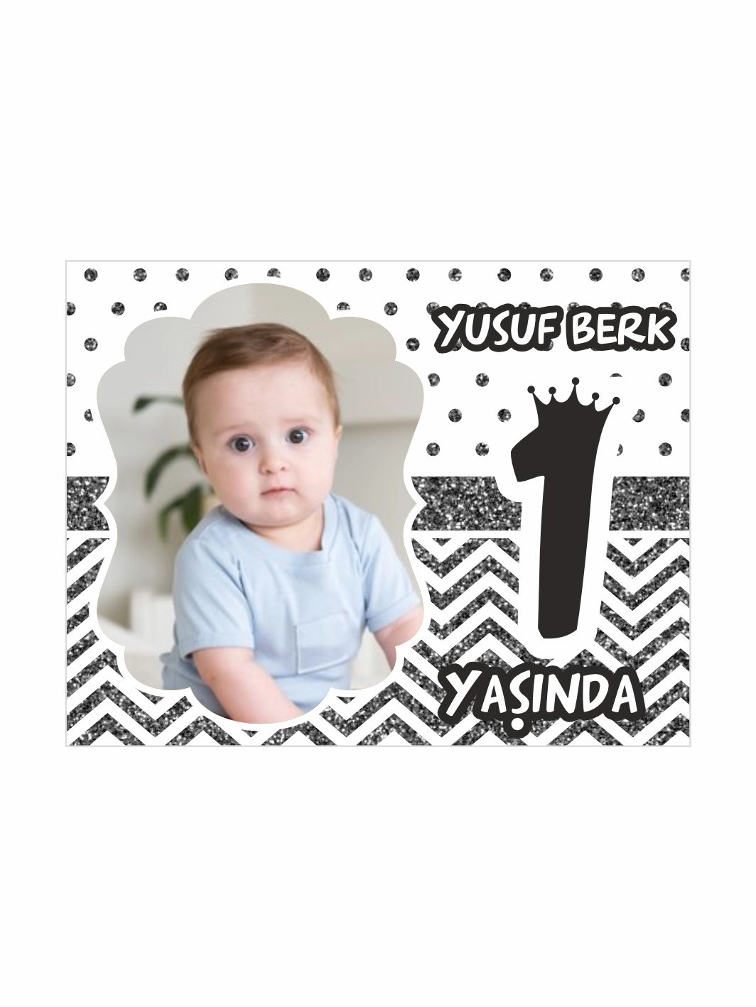 1 Yaş Erkek Bebek Doğum Günü Parti Magneti Gümüş Simli Tema – Resimli Kişiye Özel Fotoğraflı Tasarım