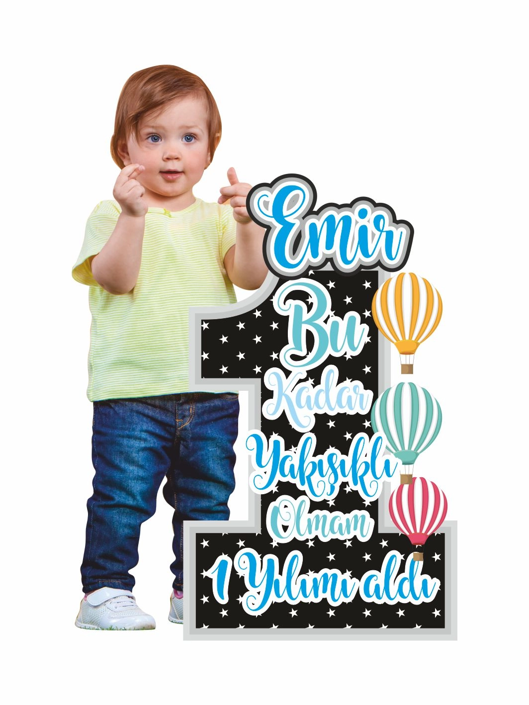 1 Yaş Erkek Bebek Resimli Uçan Balon Tema Bu Kadar Yakışıklı Olmam 1 Yılımı Aldı Yazılı
