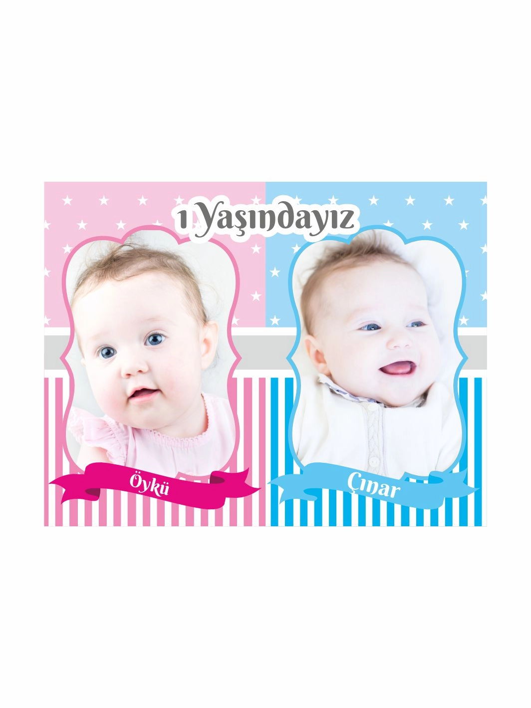 1 Yaş İkiz Bebekler Doğum Günü Magneti Pembe Mavi Konsept – Resimli Kişiye Özel Fotoğraflı Tasarım