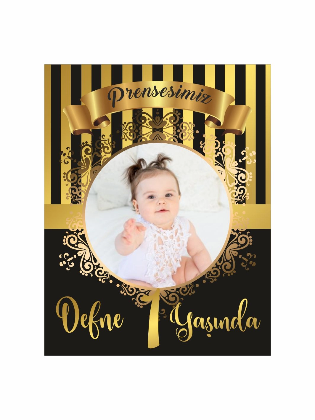 1 Yaş Kız Bebek Doğum Günü Dağıtmalık Magnet Gold Siyah Tema – Resimli Kişiye Özel Fotoğraflı Tasarım