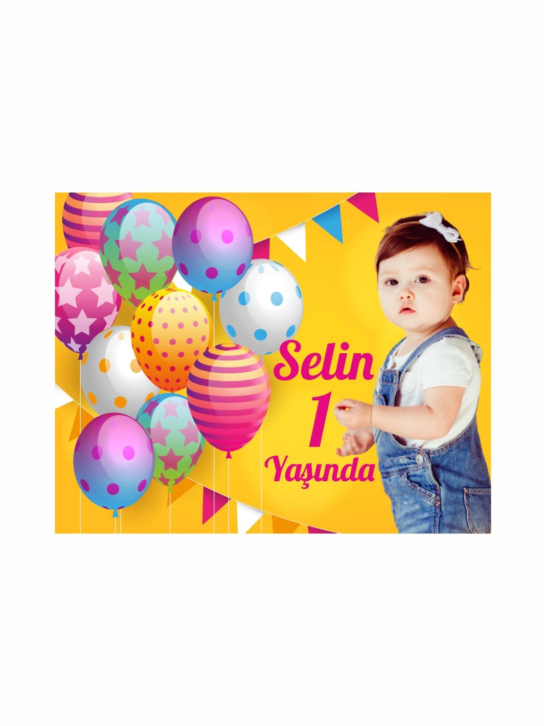 1 Yaş Kız Bebek Doğum Günü Magneti Renkli Balonlar Konsept  Resimli Kişiye Özel Fotoğraflı Tasarım