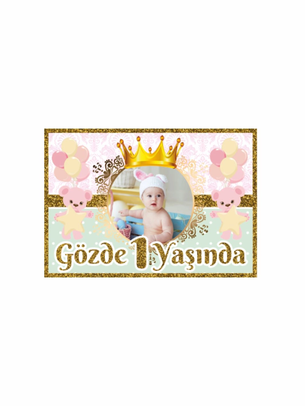 1 Yaş Kız Bebek Doğum Günü Parti Afişi Pembe Mint Renk Sevimli Balonlu Ayıcıklar Tema