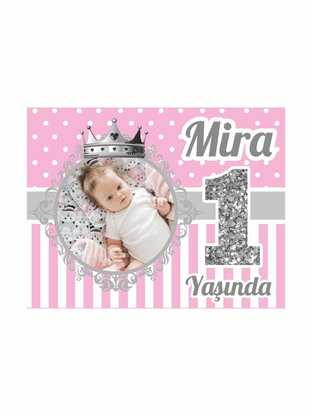 1 Yaş Kız Bebek Doğum Günü Parti Magnet Pembe Gri Renk