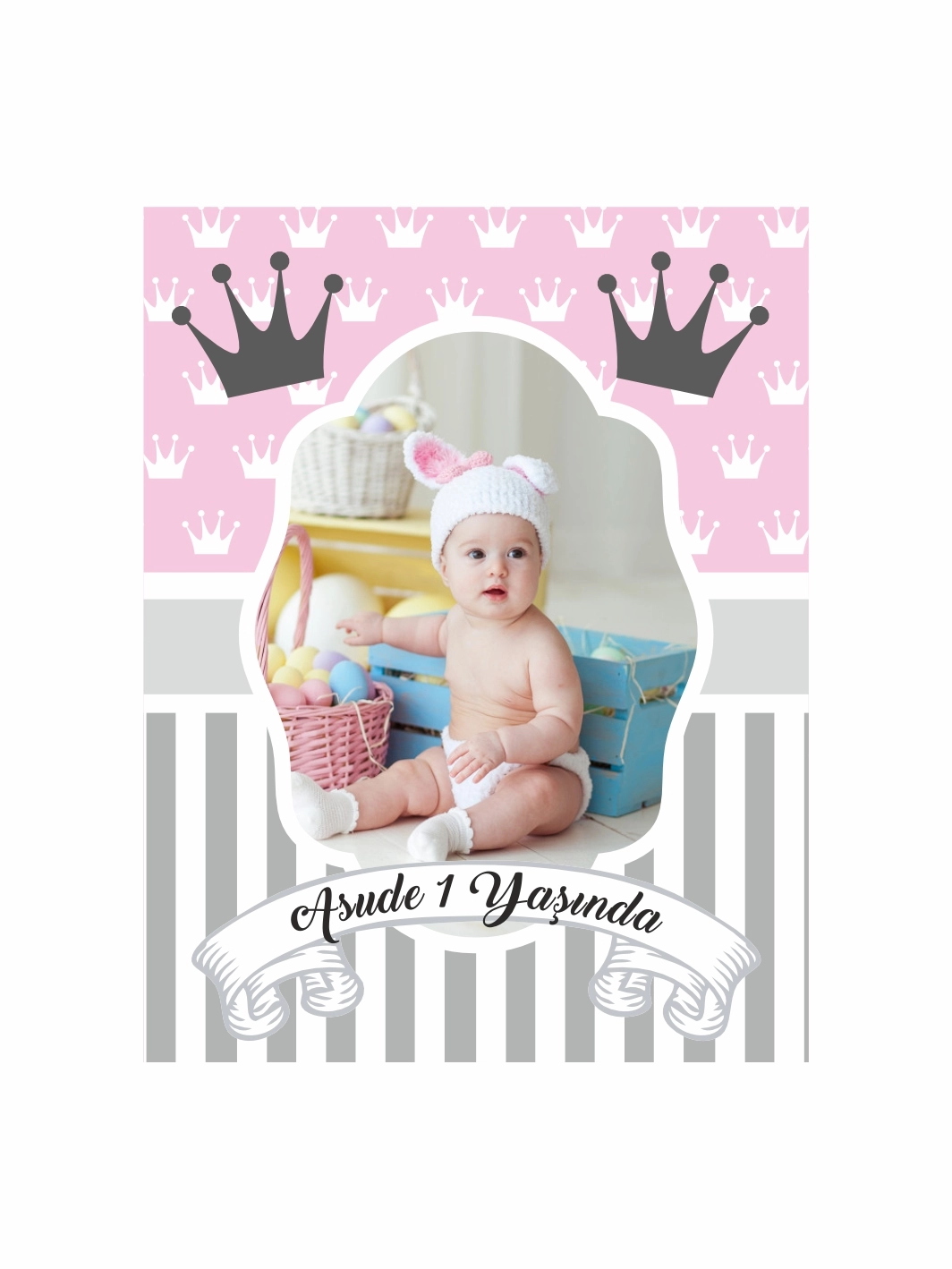 1 Yaş Kız Bebek Pembe Gri Konsept Doğum Günü Magnet