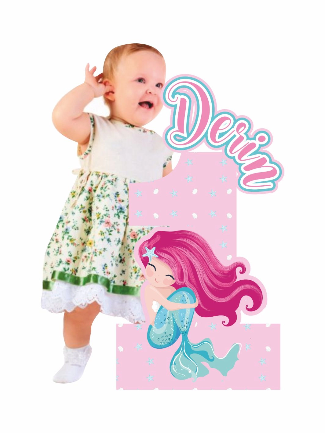 1 Yaş Kız Bebek Resimli Deniz Kızı Konsept Rakam Tema Doğum Günü Panosu