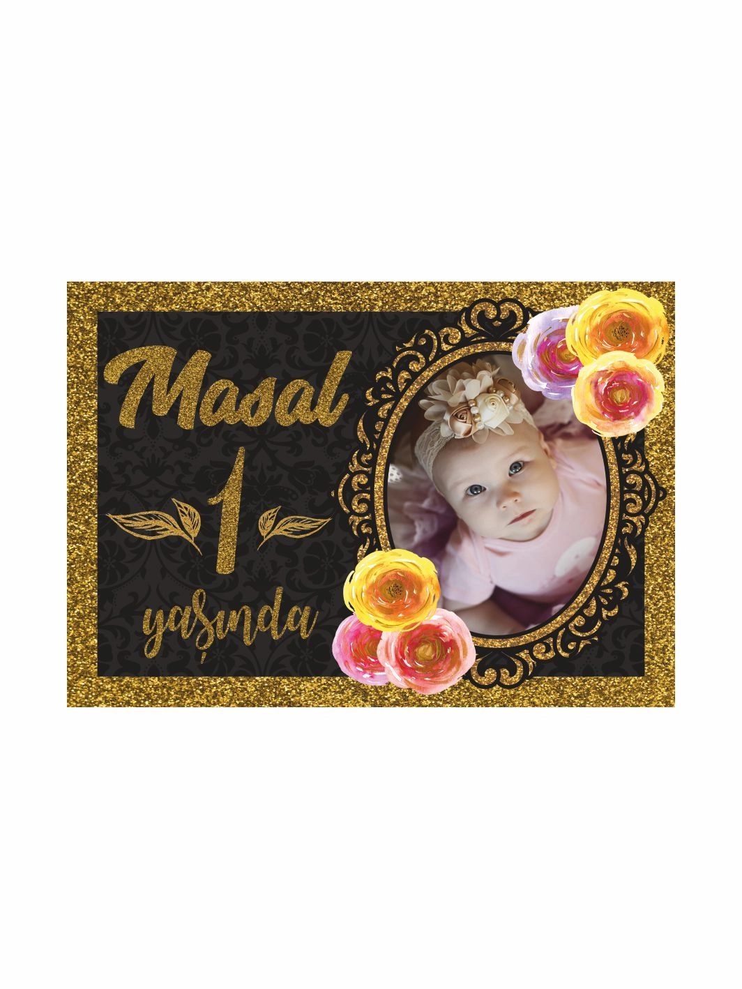 1 Yaş Kız Bebek Resimli Doğum Günü Afişi Gold Siyah Konsept Pastel Çiçekler Tema