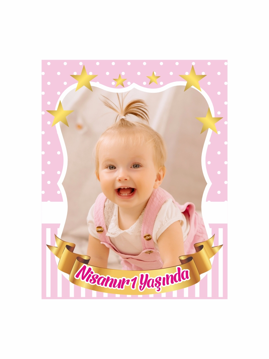 1Yaş Kız Bebek Resimli Doğum Günü Magnet Pembe Gold Konsept
