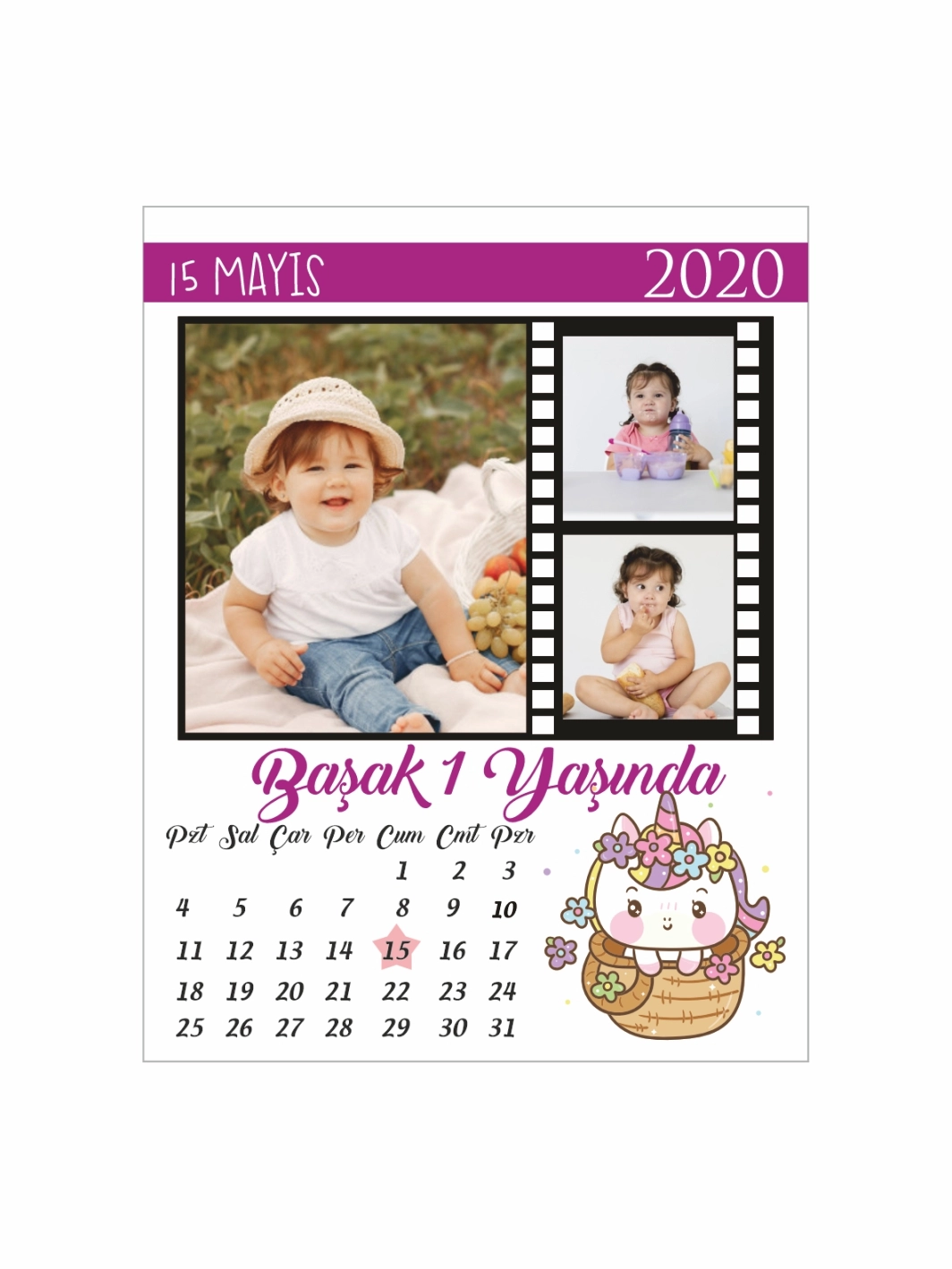 1Yaş Kız Bebek Resimli Doğum Günü Magnet Takvimli Unicorn Tema