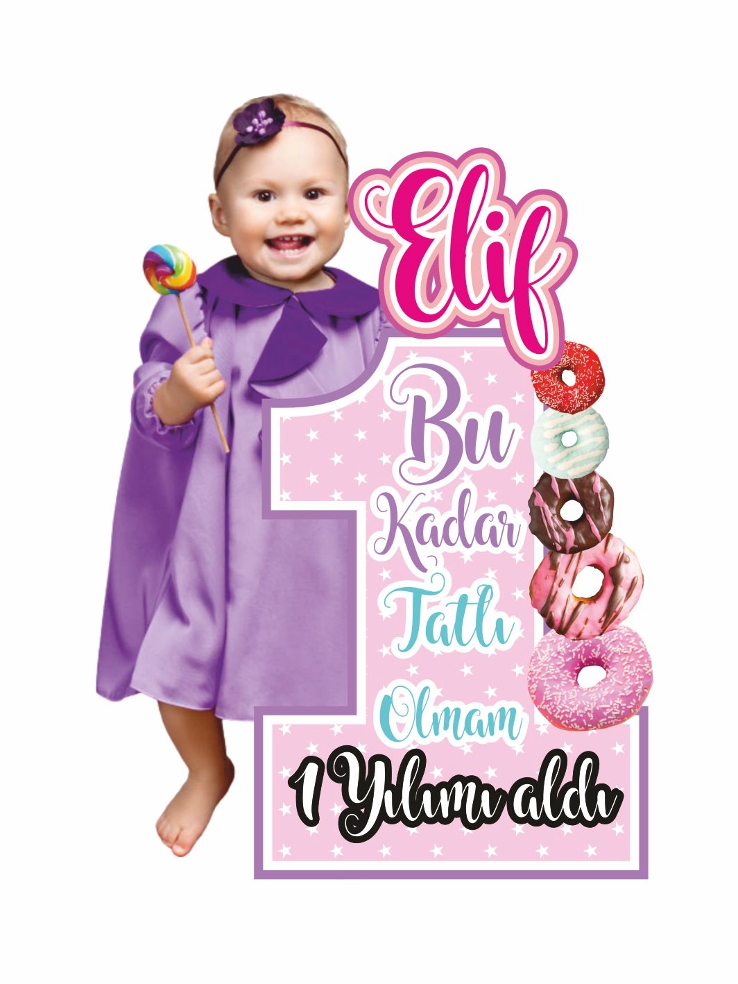1 Yaş Kız Bebek Resimli Doğum Günü Panosu Donut Tema