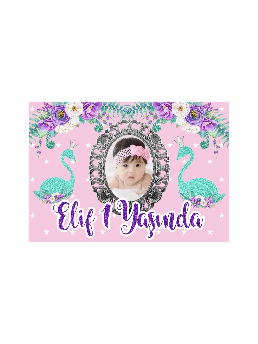 1 Yaş Kız Bebek Resimli Kuğu Temalı Doğum Günü Afişi