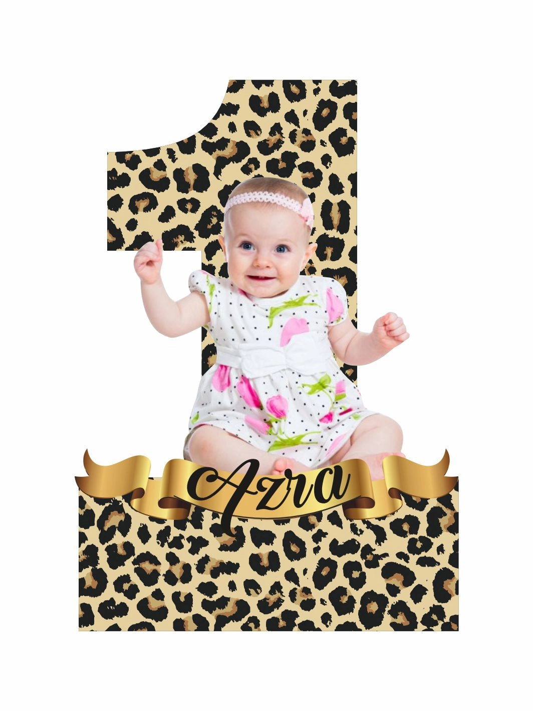 1 Yaş Kız Bebek Resimli Rakam Temalı Doğum Günü Pano Leopar Konsept