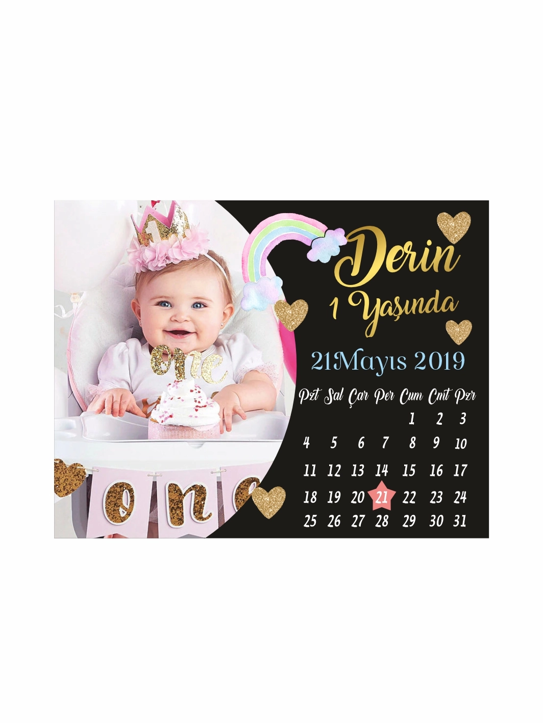1Yaş Kız Bebek Takvim Doğum Günü Magnet Gökkuşağı Konsept