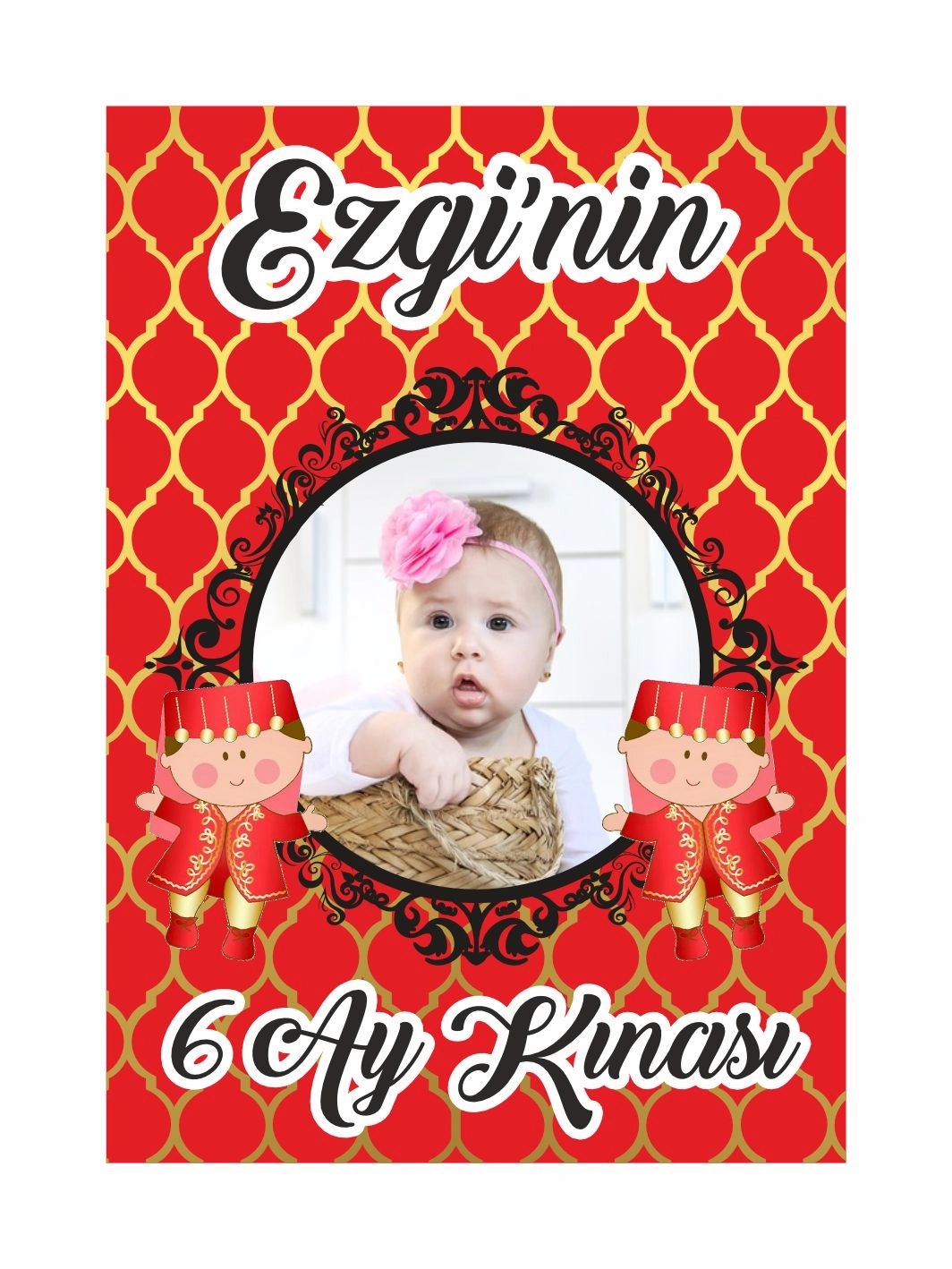 6 Ay Bebek Kına Afişi Bindallı Bebekler Tema Kırmızı Gold Zemin Konsept Vinil Baskı