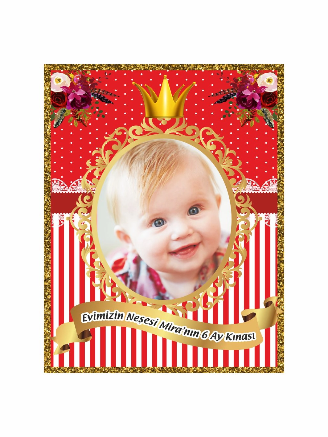 6 Ay Bebek Kınası Magnet Kırmızı Gold Konsept Boho Çiçek Prenses Taç Temalı