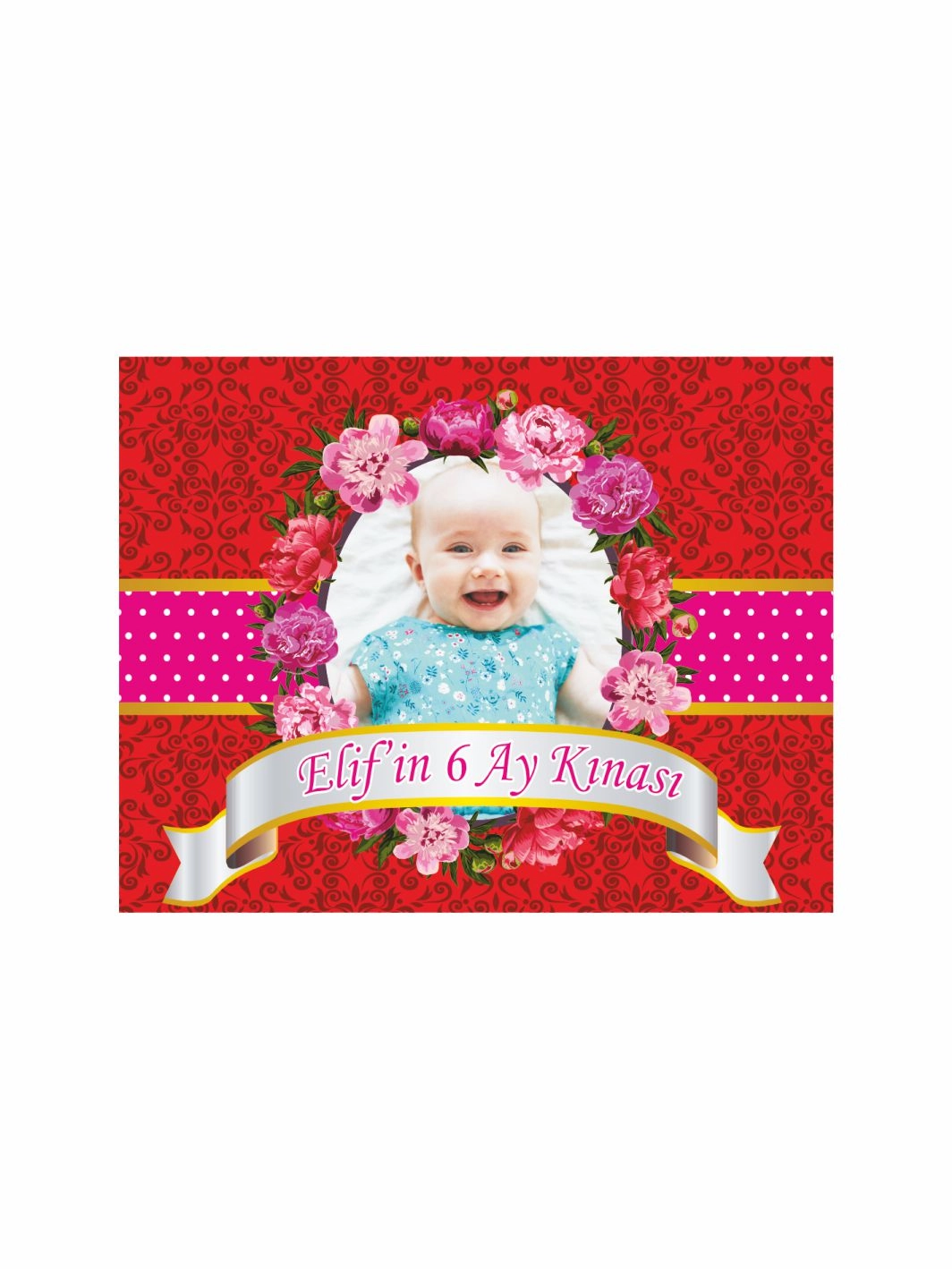 6 Ay Bebek Kınası Magnet Kırmızı Zemin Lila Çiçek Çerçeve Tema