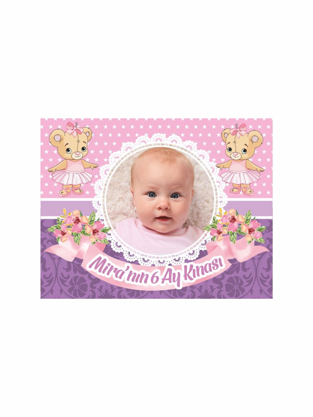 6 Ay Bebek Kınası Magnet Pembe Lila Zeminli Sevimli Ayıcık Tema
