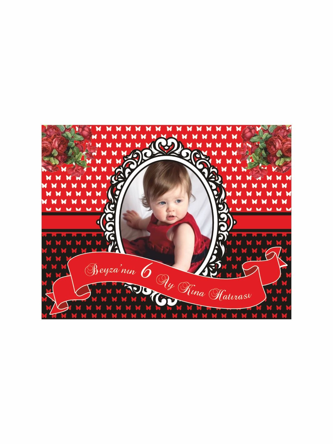 6 Ay Kız Bebek Kınası Magnet Kelebek Zeminli Çiçek Çerçeve Tema