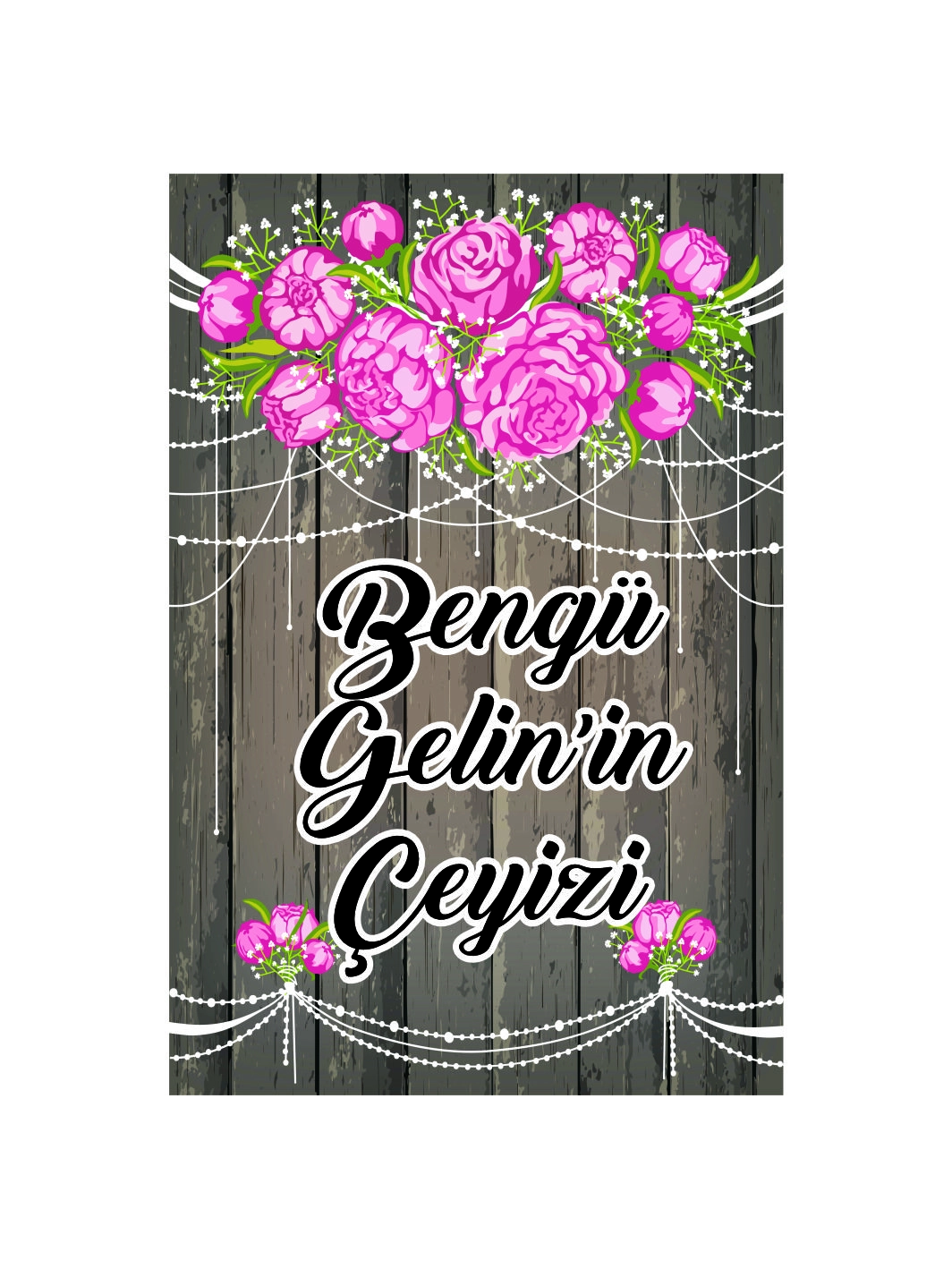 Ahşap Zeminli Pembe Gül Desenli Rustik Gelin Çeyiz Kolisi Etiketi – Kendinden Yapışkanlı Kuşe Çıkartma 20x30 A4