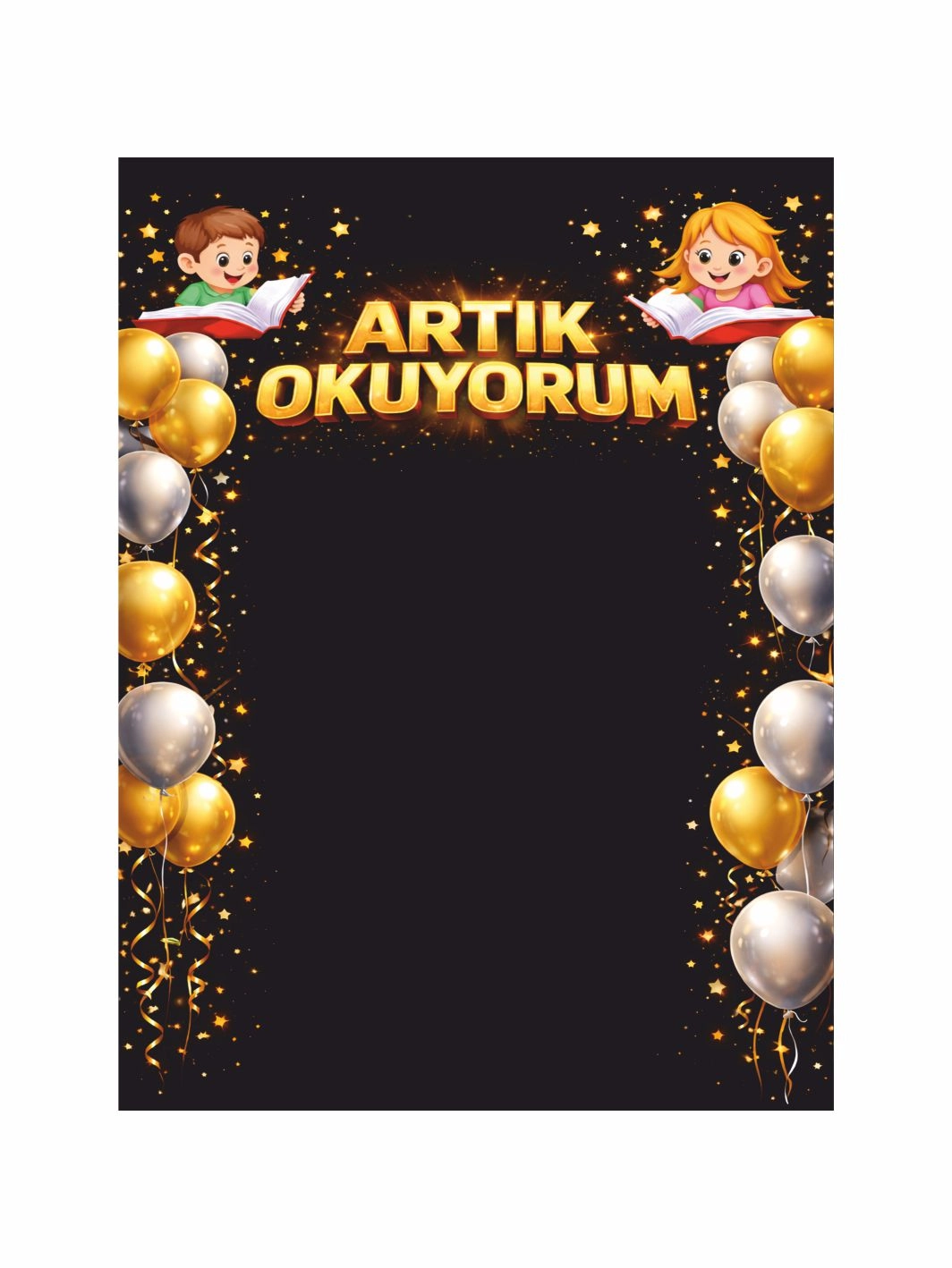 Artık Okuyorum Altın Gümüş Balon Çerçeveli Okuma Şenliği Fotoğraf Çekim Arka Fon Afişi