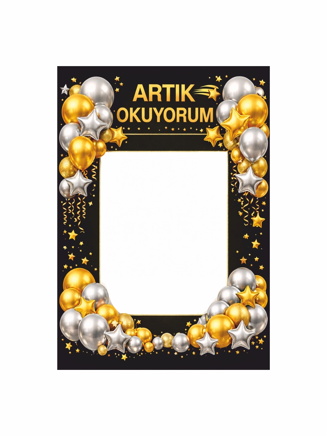 Artık Okuyorum Hatıra Çerçevesi Gold Gümüş Balon Temalı 100x70cm Elde Tutulan Fotoğraf Çekim Çerçevesi