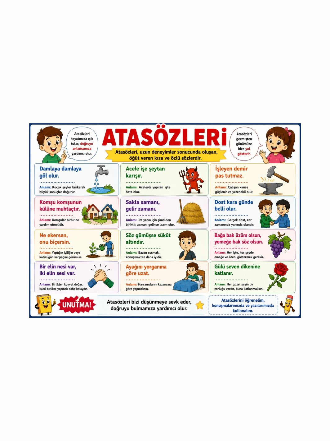 Atasözleri Sınıf Öğrenci Afişi | İlkokul ve Ortaokul Eğitici Türkçe Posteri | Zajabaskı