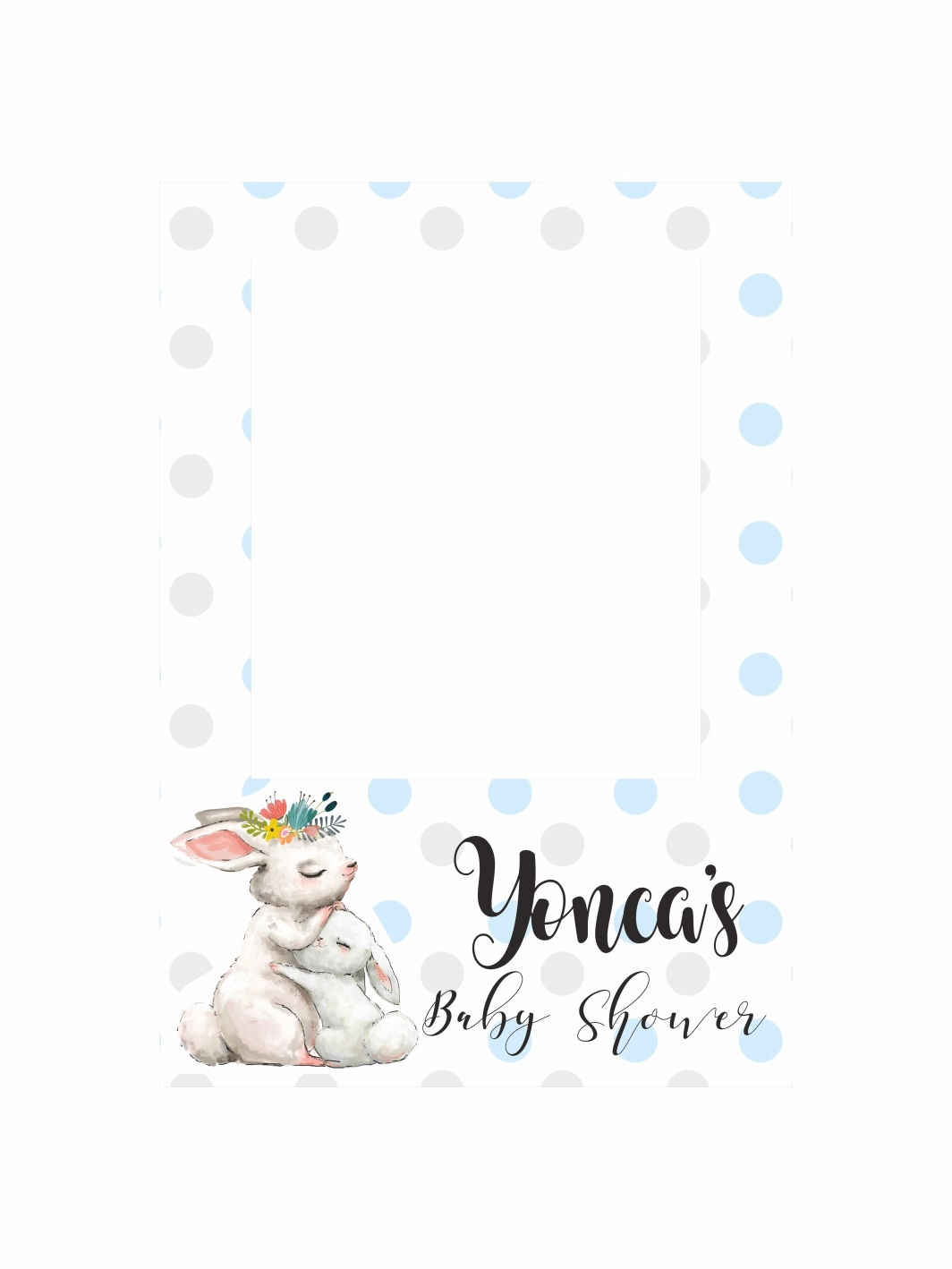 Baby Shower Mavi Gri Puantiyeli Tavşan Temalı Dikey Fotoğraf Çekim Çerçevesi