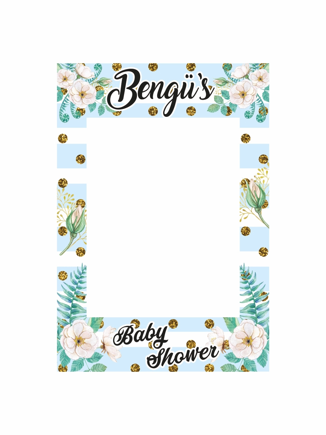 Baby Shower Mint Yeşili Çiçekli Altın Konfetili Fotoğraf Çekim Çerçevesi