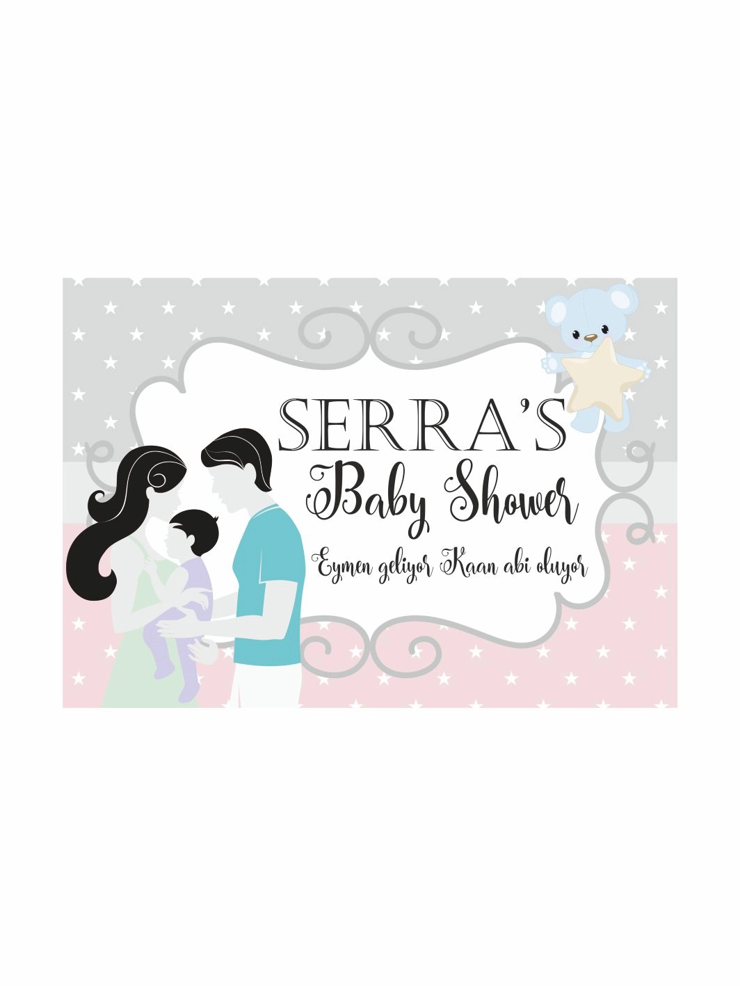 Baby Shower Parti Afişi Anne Baba Bebek Figürlü Yıldızlı Zemin Pastel Renkler Aile Tema