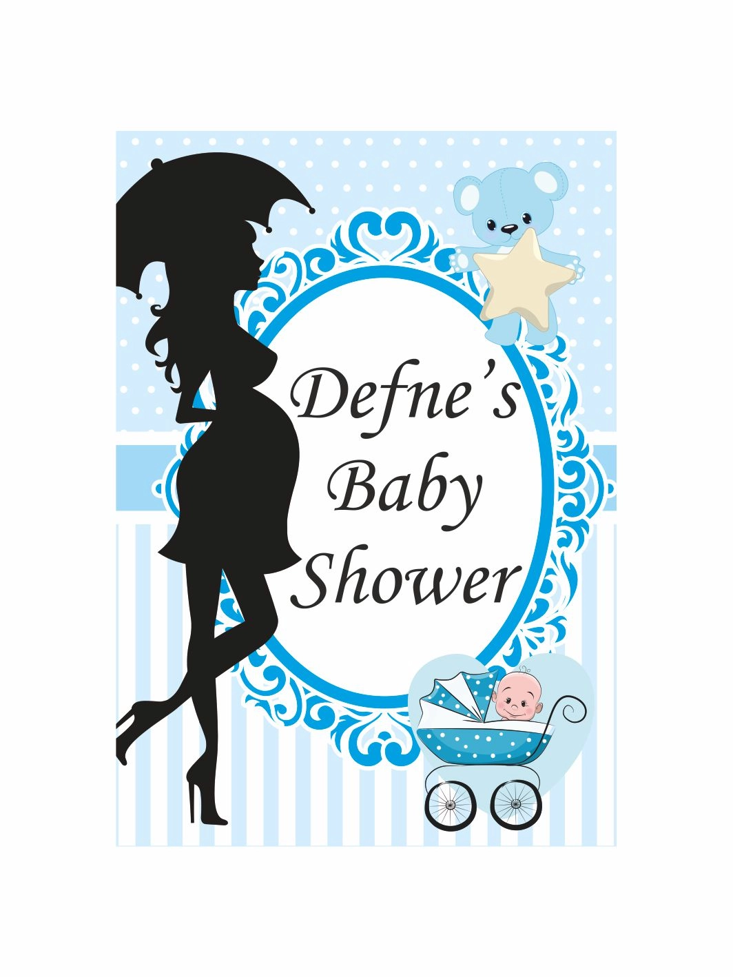 Baby Shower Parti Afişi Dikey Mavi Çerçeveli Hamile Anne Süliet Ayıcık Yıldız Bebek Arabası Erkek Bebek Tema