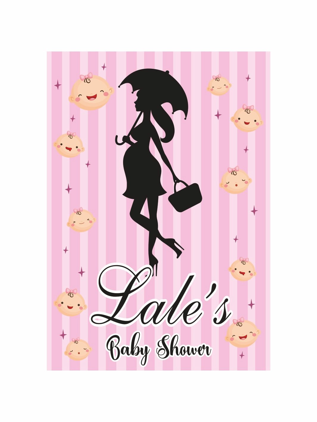  Baby Shower Parti Afişi Dikey Pembe Çizgili Hamile Anne Silüet Şemsiyeli Gülen Bebek Yüzleri Kız Tema
