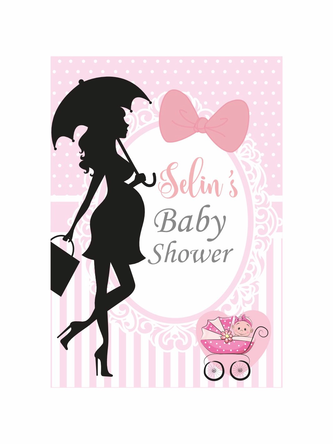 Baby Shower Parti Afişi Dikey Pembe Puantiyeli Hamile Anne Silüet Fiyonk Detay Bebek Arabası Kız Bebek Tema