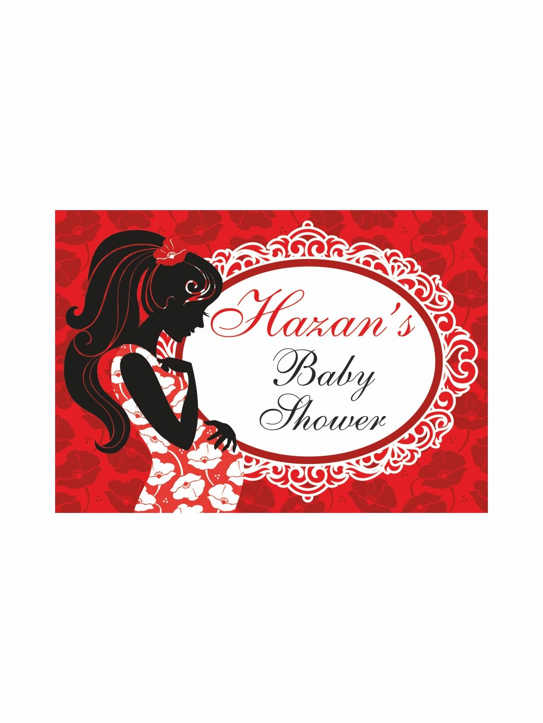 Baby Shower Parti Afişi Kırmızı Çiçek Desenli Hamile Anne Silüet Klasik Çerçeveli Kız Bebek Tema