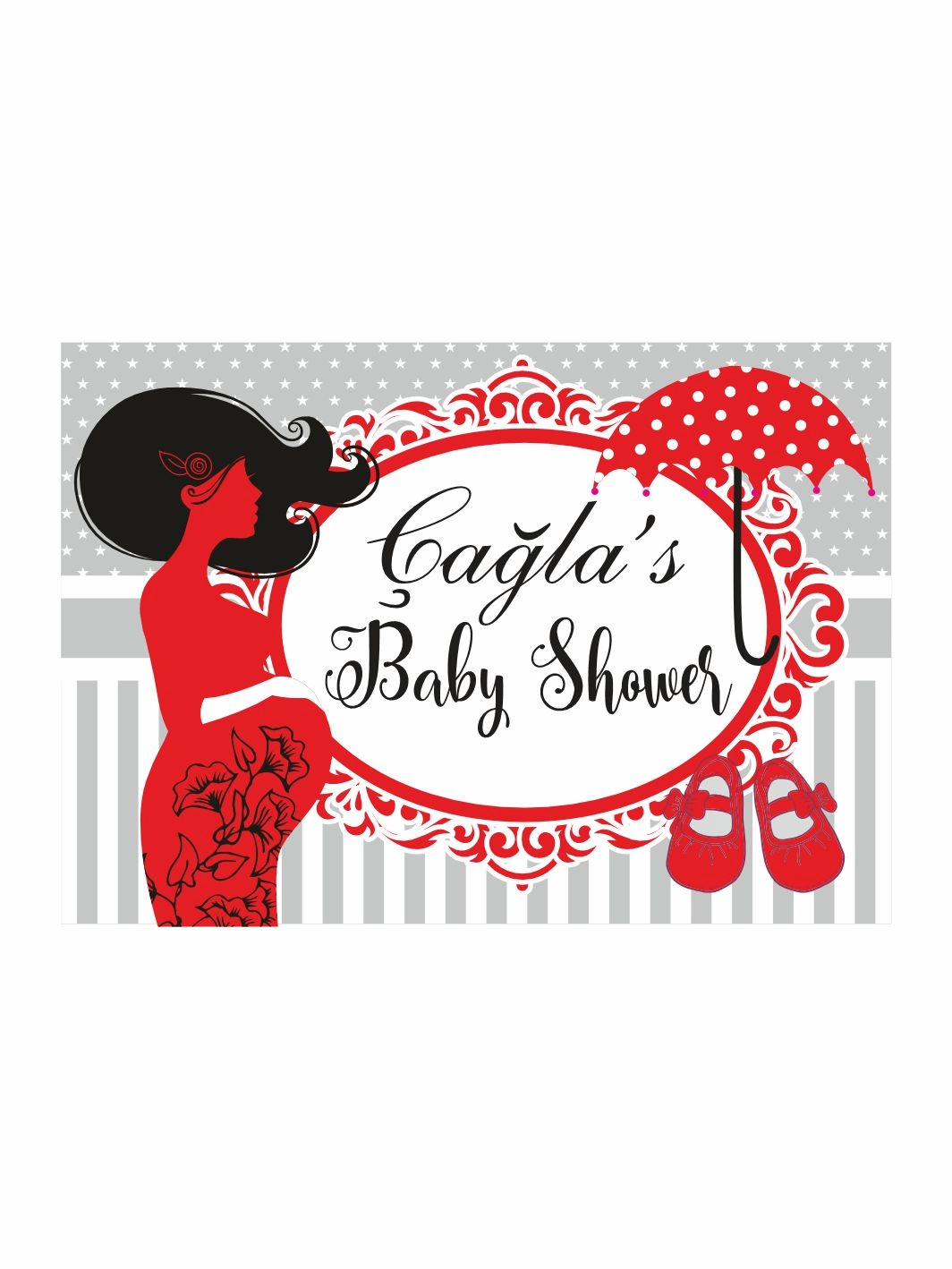Baby Shower Parti Afişi Kırmızı Siyah Hamile Anne Silüet Kız Bebek Tema