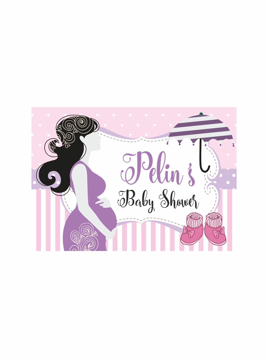 Baby Shower Parti Afişi Lila Pembe Hamile Anne Silüet Çizgili Zemin Kız Bebek Tema