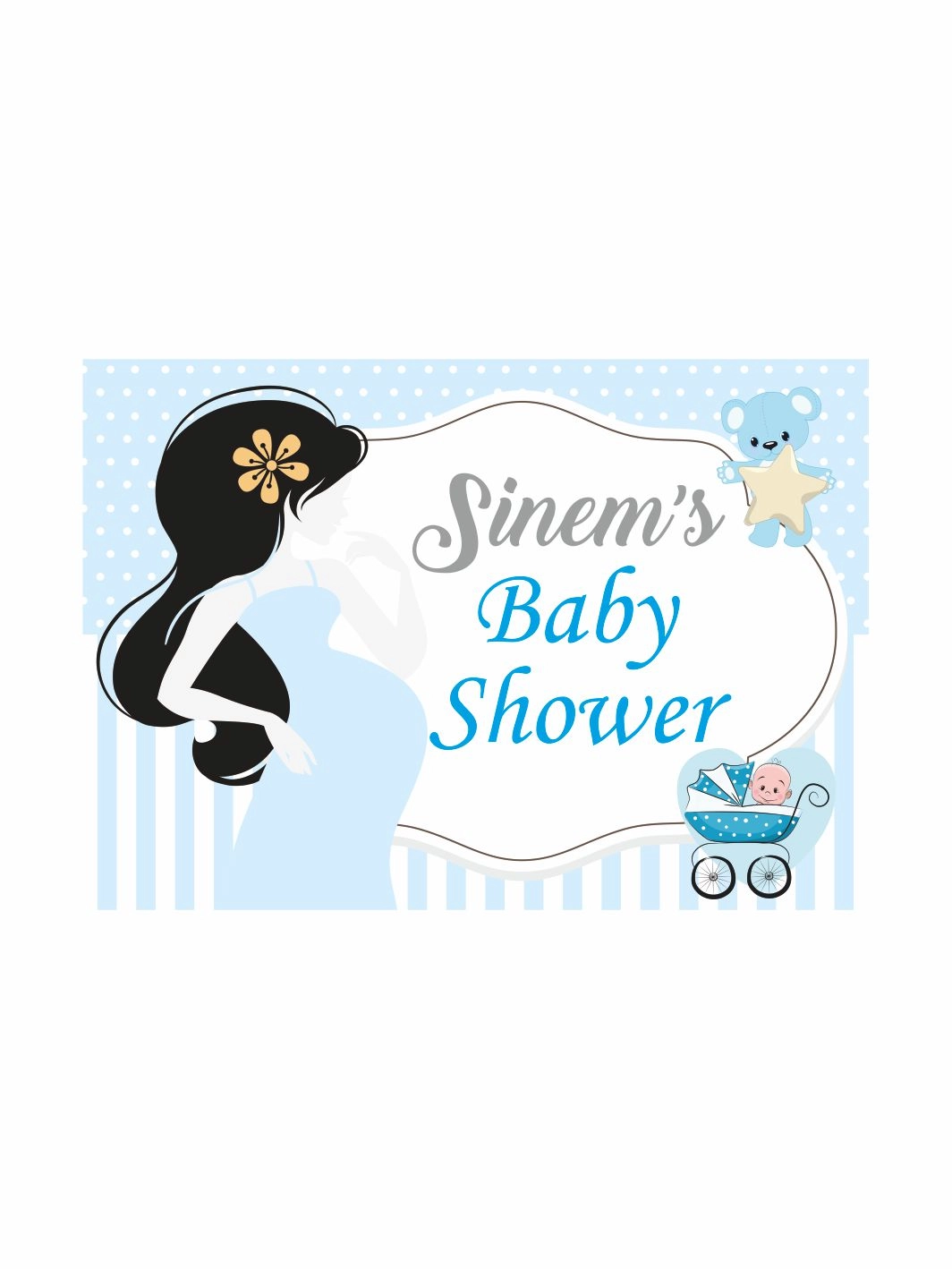 Baby Shower Parti Afişi Mavi Puantiyeli Hamile Anne Silüet Ayıcık Yıldız Bebek Arabası Erkek Bebek Tema