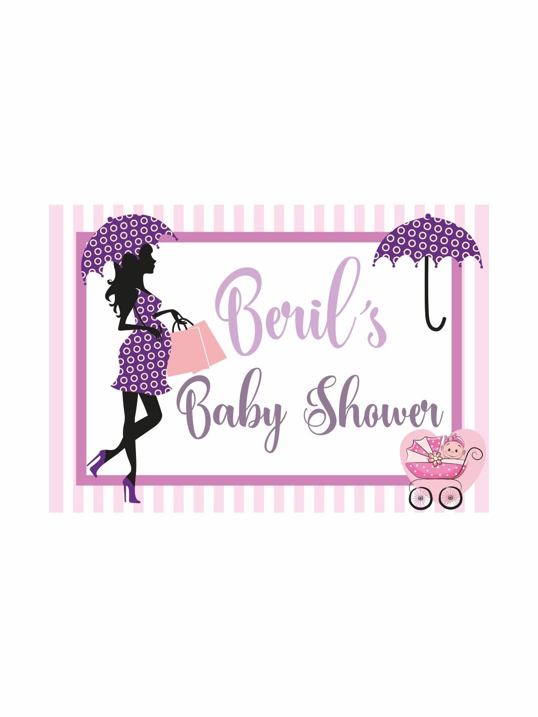 Baby Shower Parti Afişi Mor Puantiyeli Hamile Anne Silüet Bebek Arabası Çizgili Zemin Kız Tema