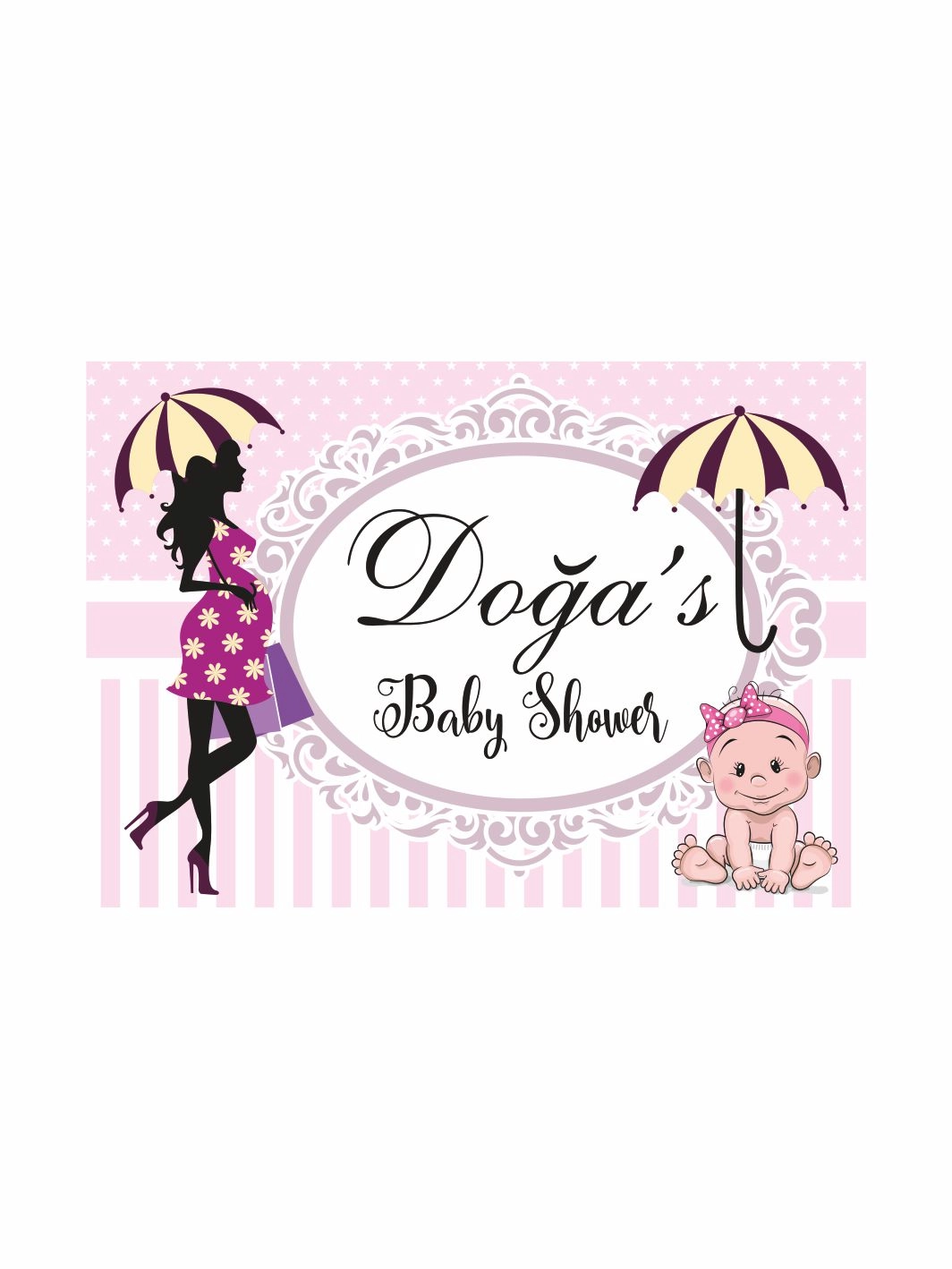 Baby Shower Parti Afişi Pembe Mor Hamile Anne Silüet Bebek Figürlü Çizgili Zemin Kız Tema
