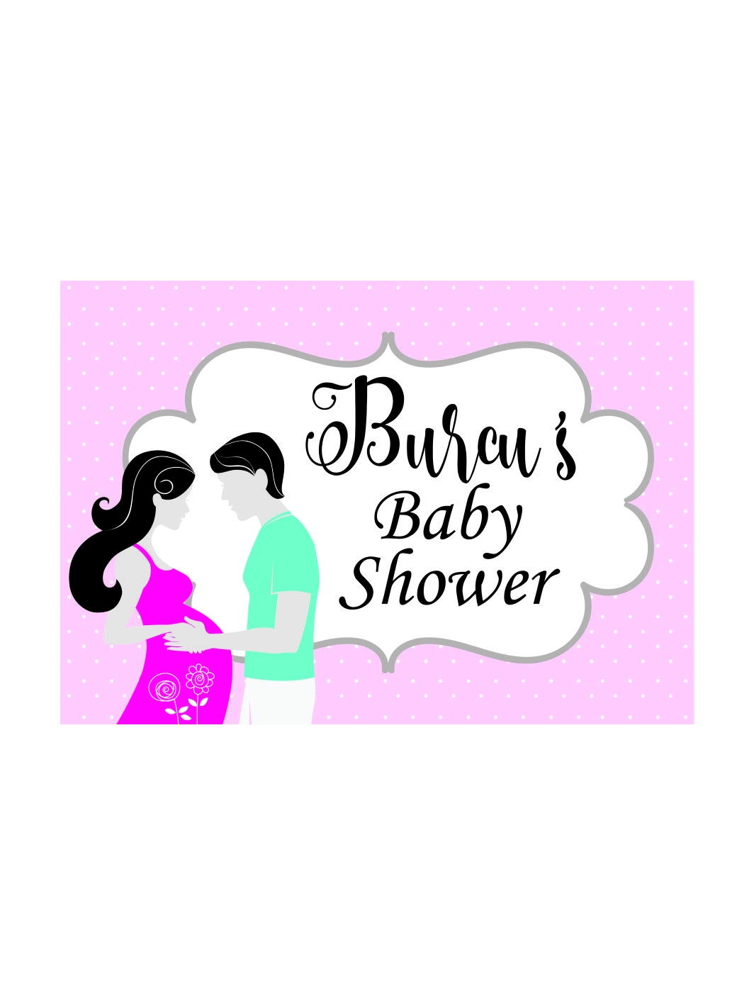 Baby Shower Parti Afişi Pembe Puantiyeli Anne Baba Silüet Hamile Anne Bulut Çerçeve Aile Tema