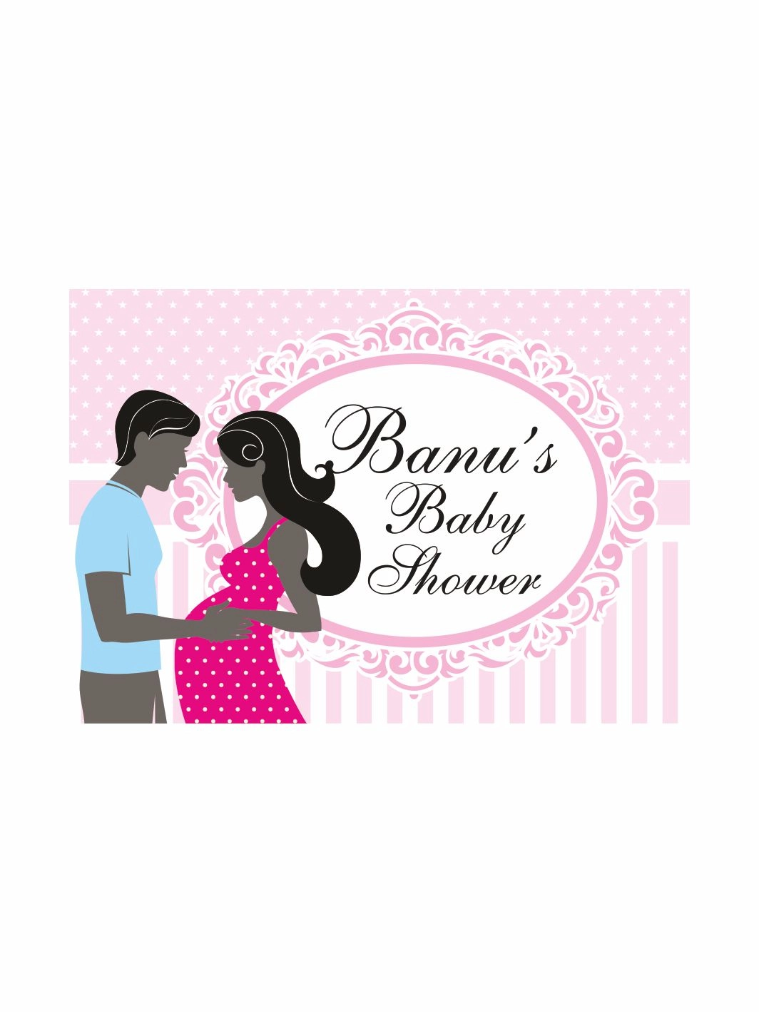Baby Shower Parti Afişi Pembe Puantiyeli Anne Baba Silüet Hamile Anne Çizgili Zemin Aile Tema