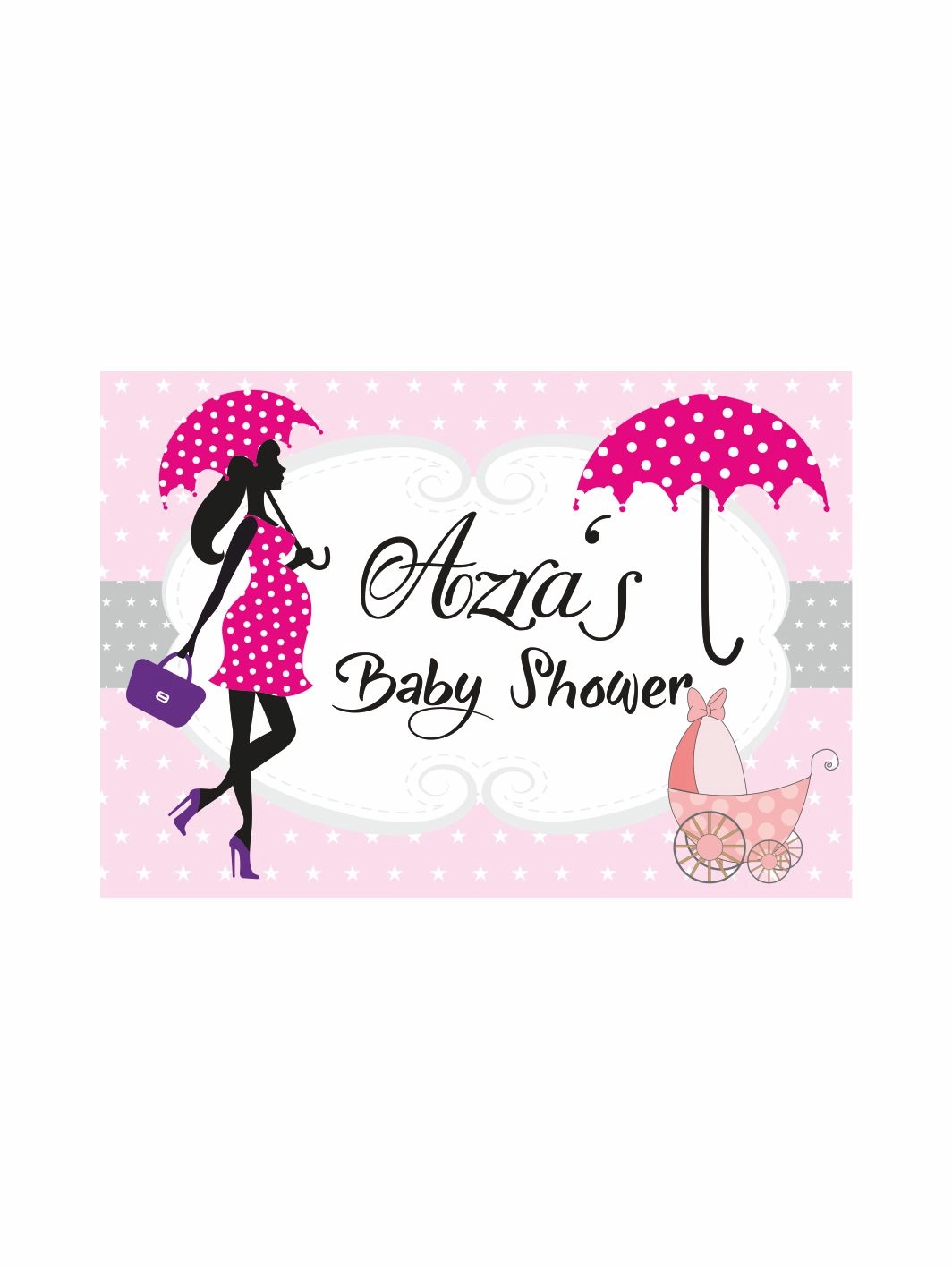 Baby Shower Parti Afişi Pembe Puantiyeli Hamile Anne Silüet Bebek Arabası Kız Tema