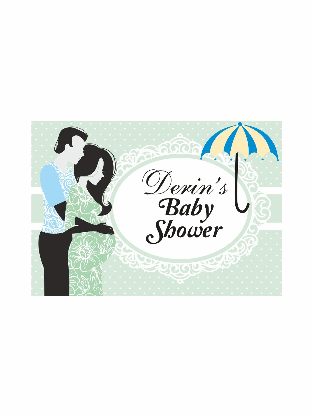 Baby Shower Parti Afişi Yeşil Mint Anne Baba Silüet Şemsiyeli Yumuşak Desen Aile Tema