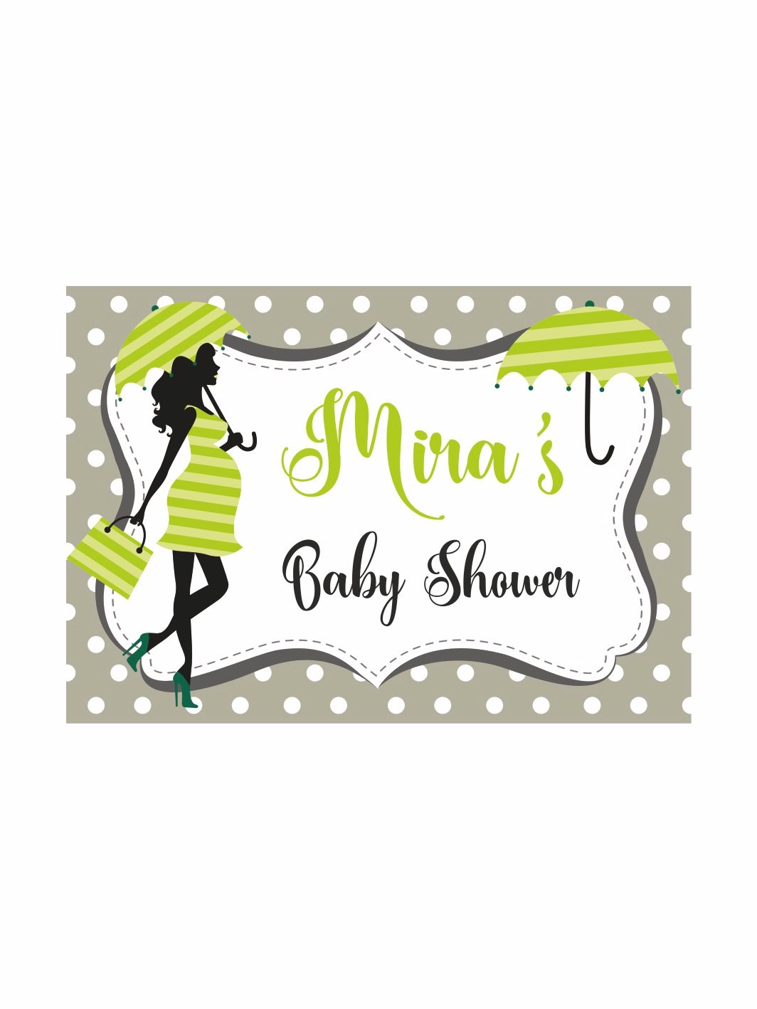 Baby Shower Parti Afişi Yeşil Puantiyeli Hamile Anne Siüet Çizgili Elbise Kız Bebek Tema