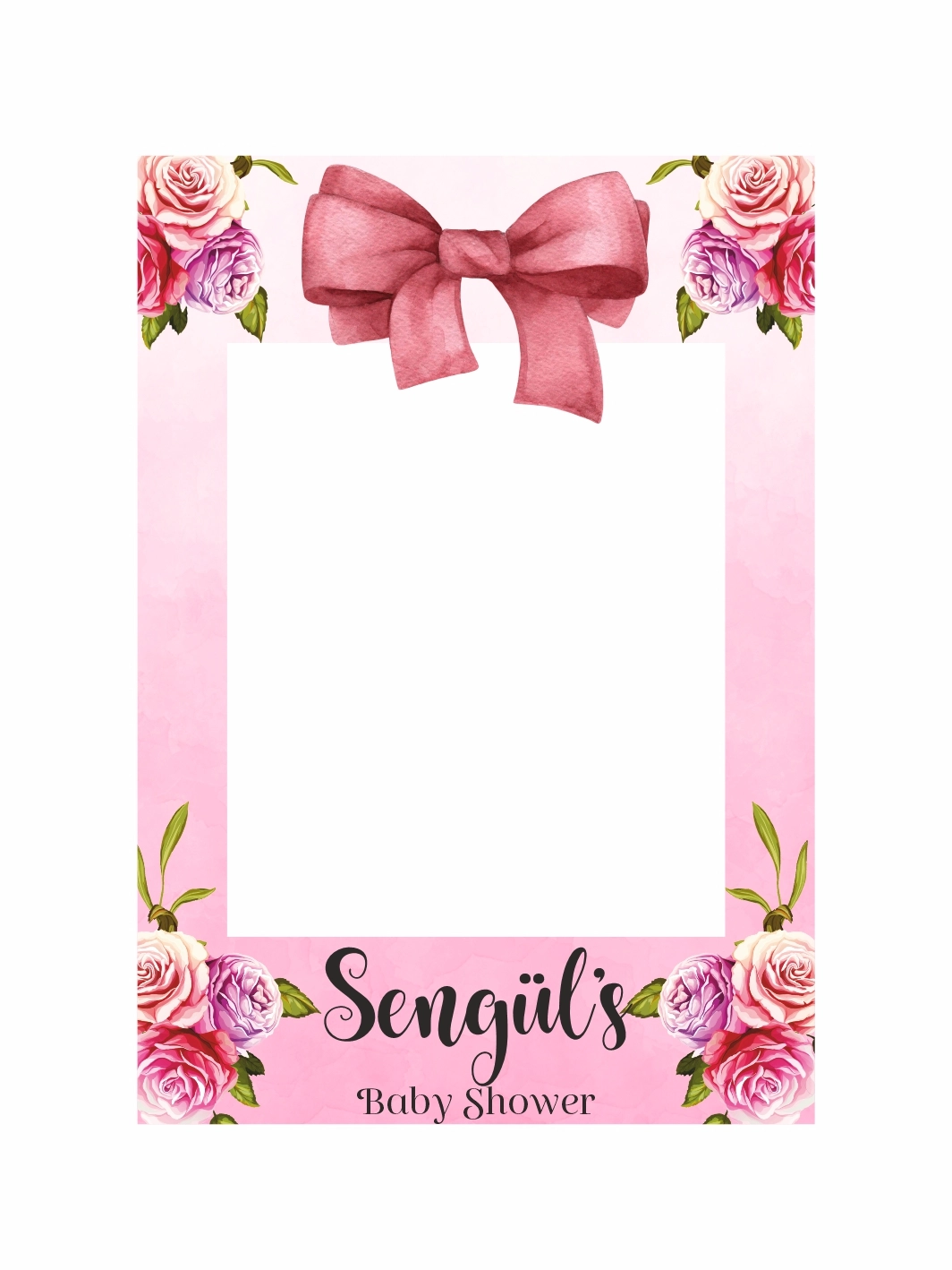 Baby Shower Pembe Fiyonk Detaylı Çiçekli Dikey Fotoğraf Çekim Çerçevesi