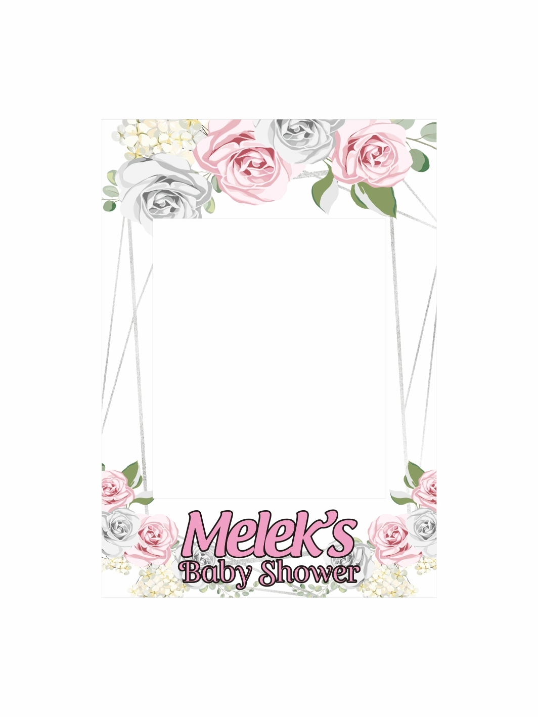 Baby Shower Pembe Gri Çiçekli Dikey Fotoğraf Çekim Çerçevesi