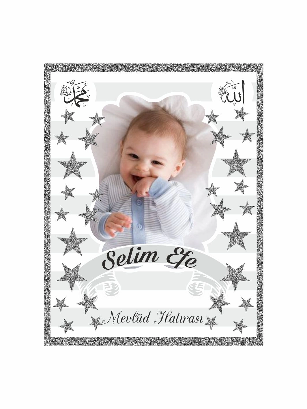 Bebek Mevlid Magnet Gümüş Simli Yıldızlı Dini Temalı Oval Çerçeveli Resimli Erkek Bebek Konsept
