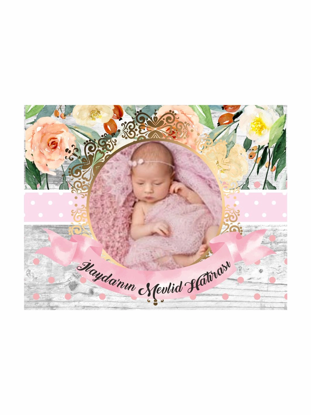 Bebek Mevlid Magnet Pembe Çiçekli Gold Oval Çerçeveli Resimli Rustik Zemin Konsept