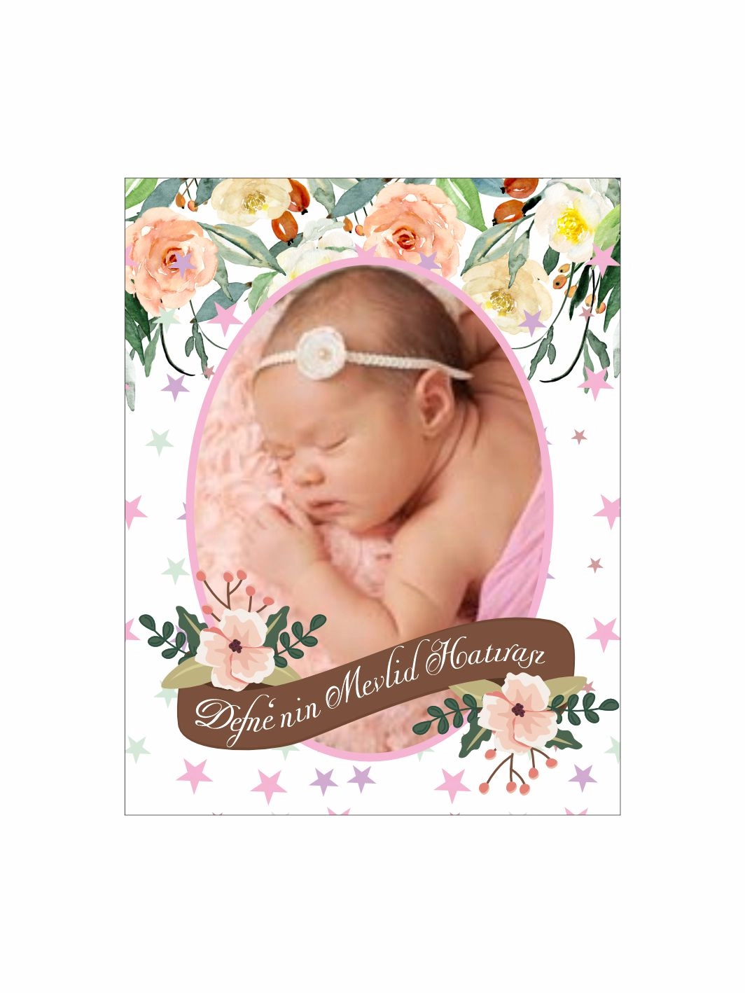 Bebek Mevlid Magnet Pembe Çiçekli Oval Çerçeveli Yıldızlı Resimli Kız Bebek Konsept