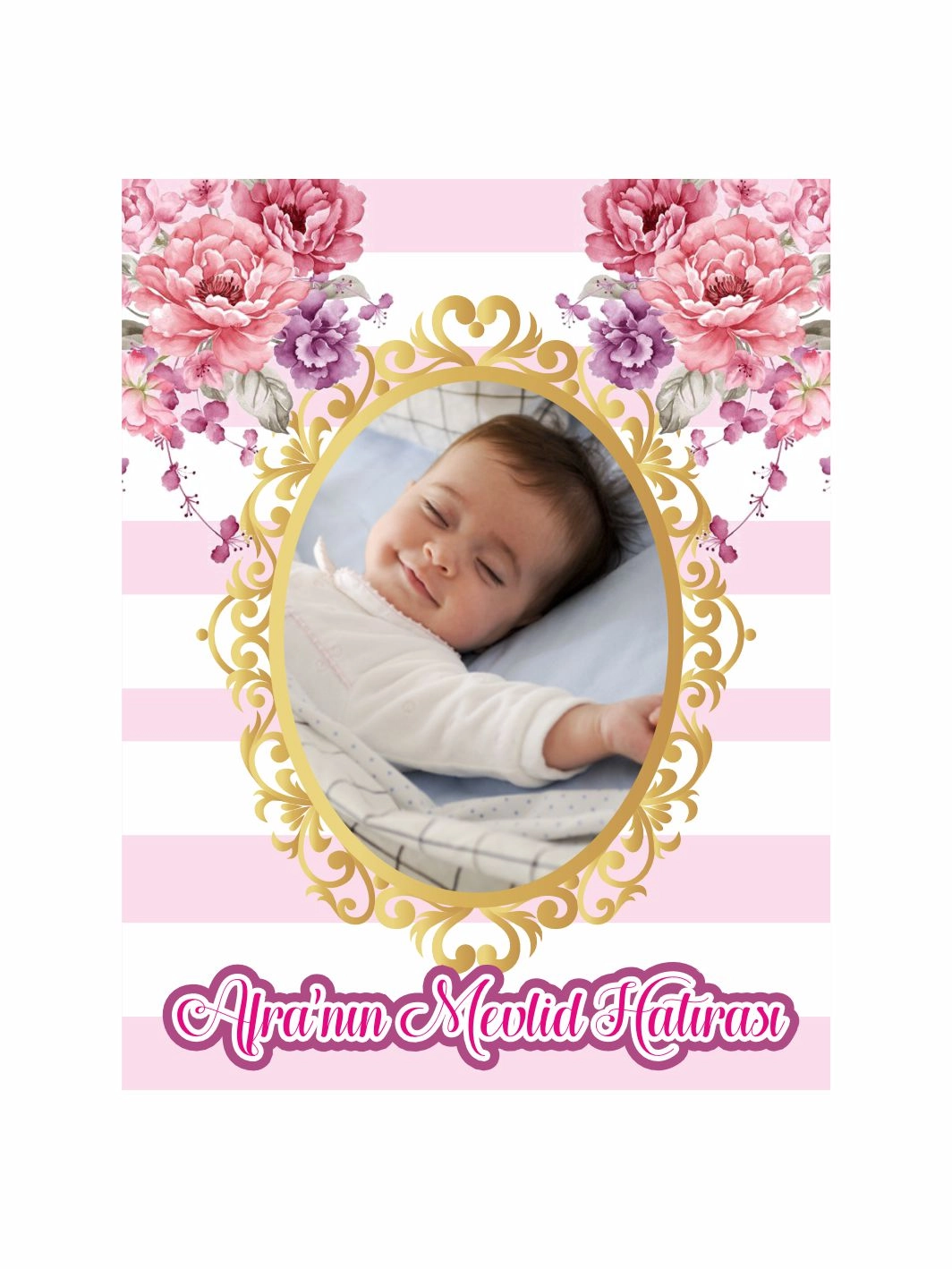 Bebek Mevlid Magnet Pembe Çizgili Gold Oval Çerçeveli Çiçekli Resimli Kız Bebek Konsept