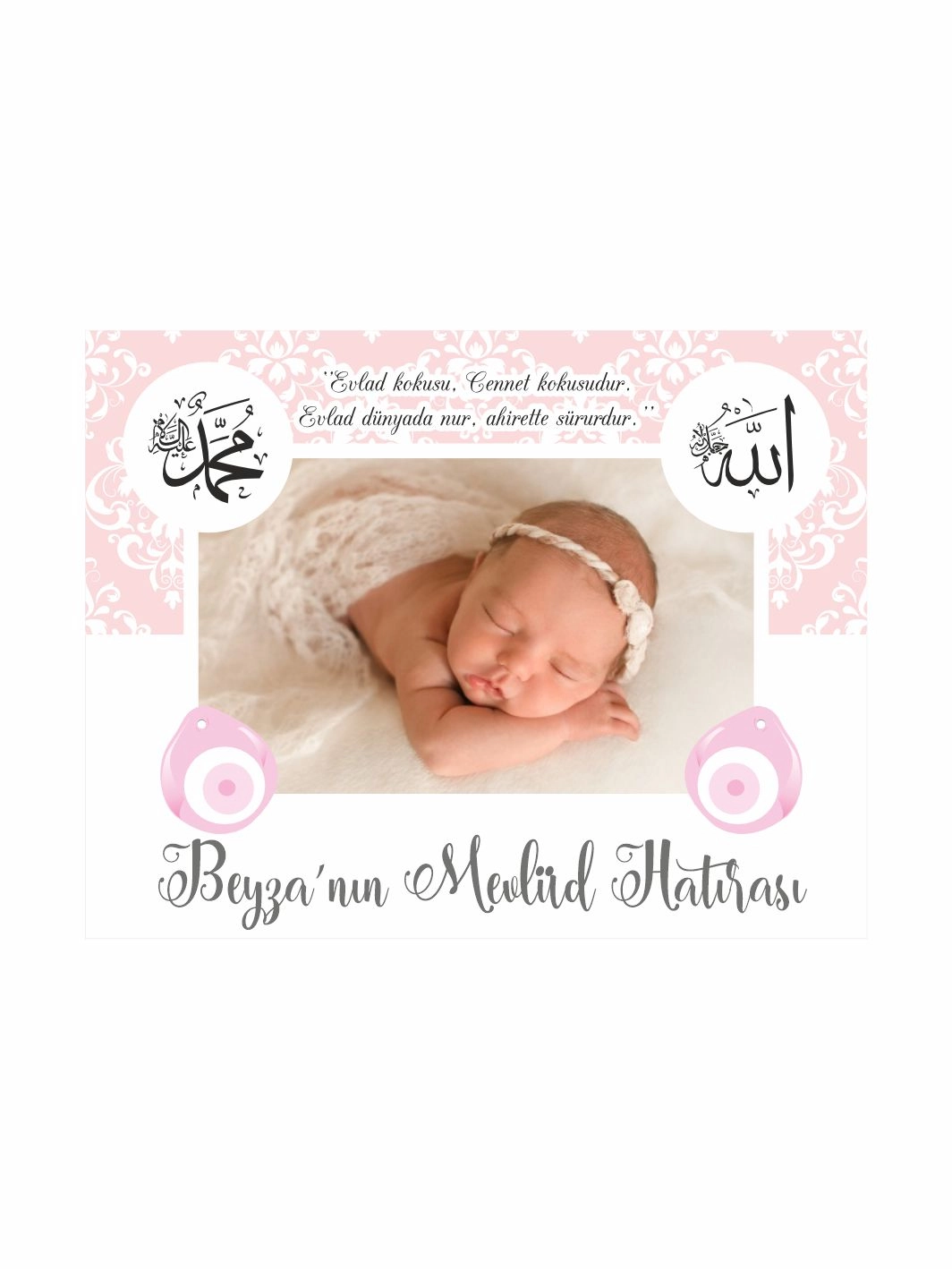 Bebek Mevlid Magnet Pembe Damask Desenli Ayetli Dini Temalı Resimli Kız Bebek Konsept
