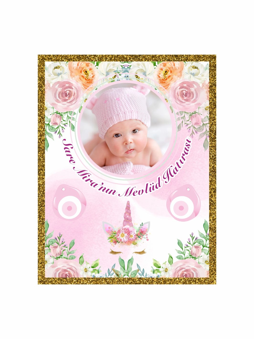 Bebek Mevlid Magnet Pembe Gold Simli Çiçekli Unicorn Detaylı Daire Çerçeveli Kız Bebek Konsept